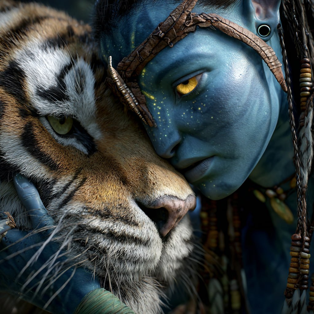 A hyper-realistic cinematic close-up animation of a Na'vi (Avatar character) with bright blue ski...
