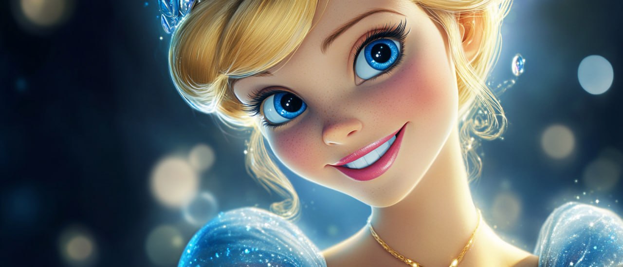 портрет [золушки] в стиле Disney, крупные выразительные глаза, волшебная улыбка, мягкая пластична...