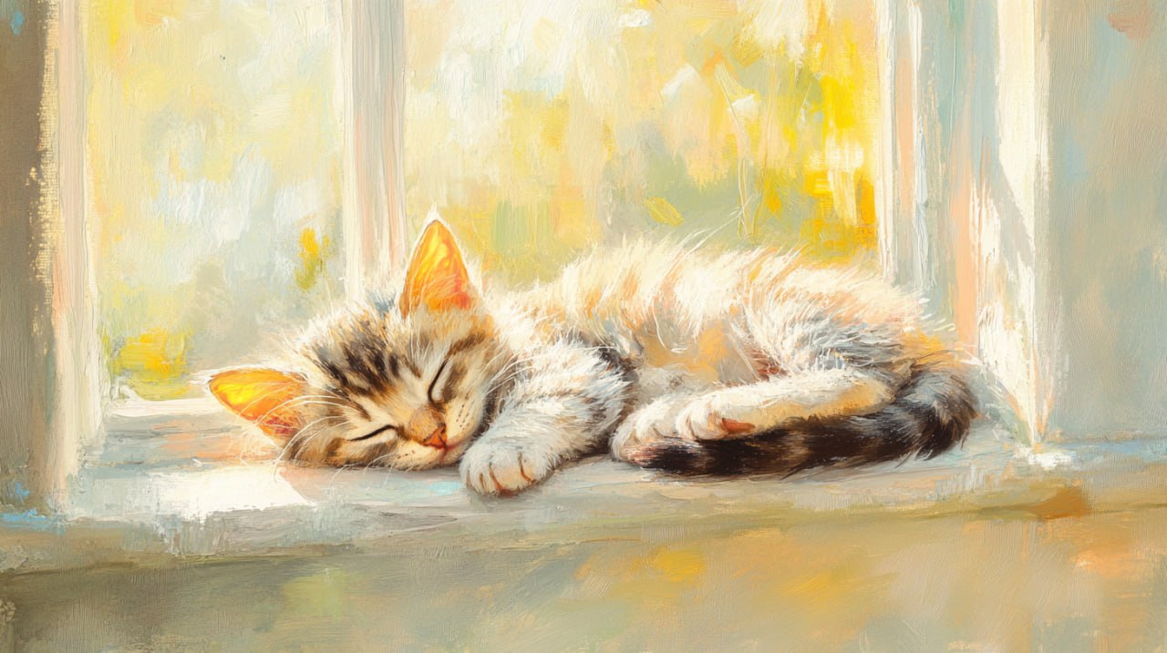 живописная картина котёнка, который спит на подоконнике, солнечные лучи падают через окно, мягкие...