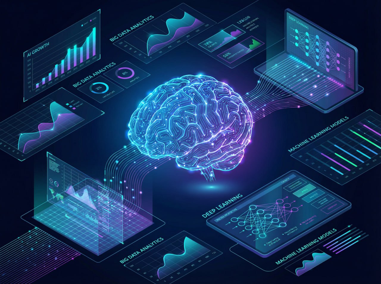 Современная инфографика об искусственном интеллекте: абстрактный мозг из светящихся линий и узлов...