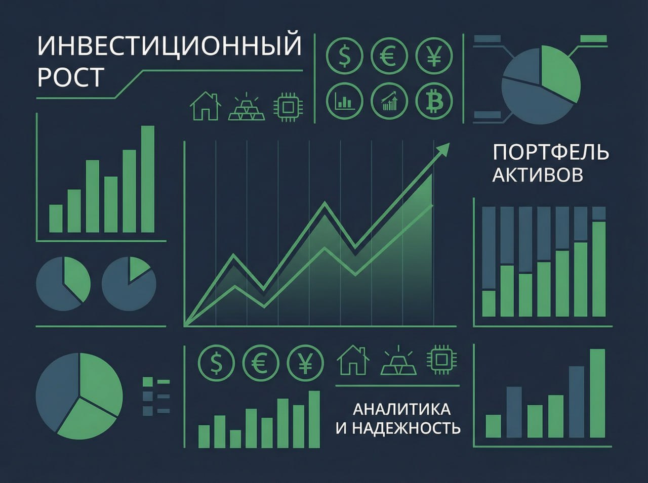 Финансовая инфографика: растущие графики, диаграммы, иконки валют и активов, чистая геометрия, тё...