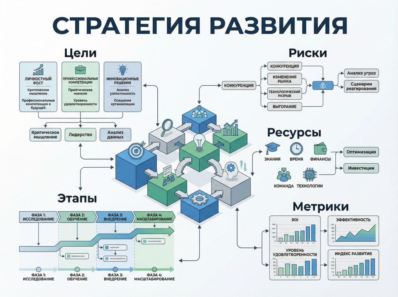 Сложная инфографика в виде стратегической карты будущего: многоуровневая схема, соединённые блоки...